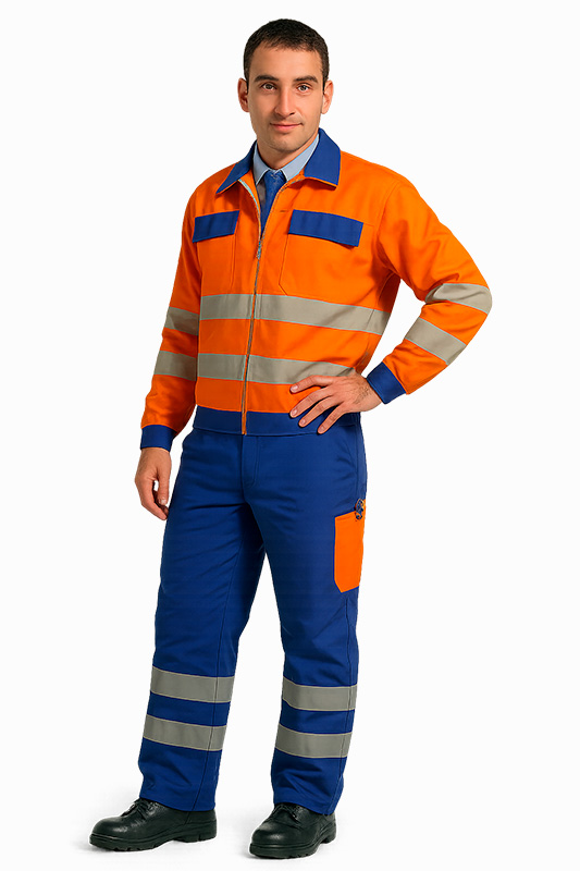 Trabajador con uniforme de alta visibilidad naranja y azul, chaqueta y pantalón con bandas reflectantes, vestuario para obras y mantenimiento